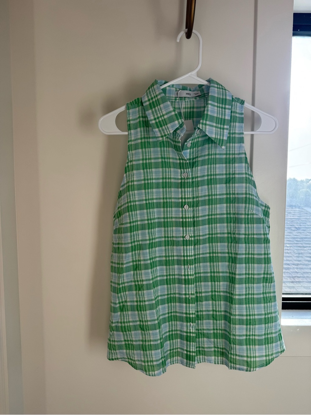 Sleeveless Green Plaid Button-Front Top